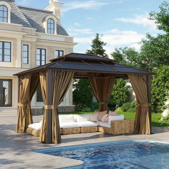 Clouddwell 10'x13' Hardtop Gazebo - Polycarbonate Double Roof with Netting & Curtains for Patio, Garden Sun Protection,Browm