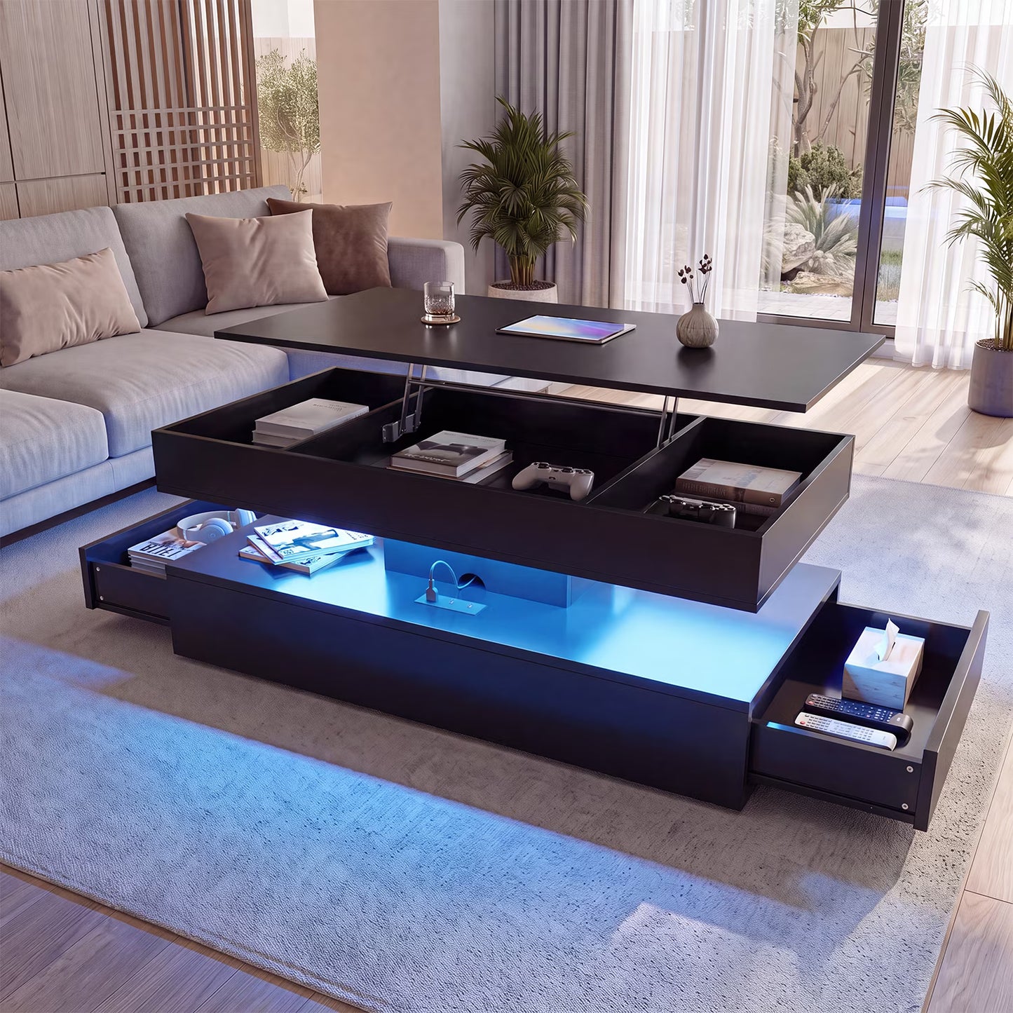 Sonegra 47" High-Glossy LED Lift Top Coffee Table with 2 Sliding Drawers, Large Open Storage Space & Ambient LED Lighting, Modern Double-Layer Livingroom Table, Black