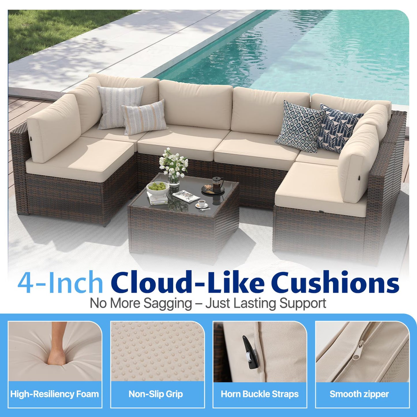 Sunmthink 7-Piece Wicker Patio Furniture Sets, Outdoor Conversation Set with 4 Inches Thick Cushions and Waterproof Cover