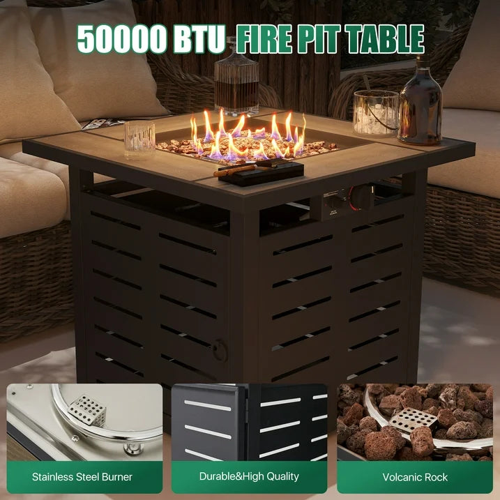 Clouddwell 28" Outdoor Fire Pit Table - 50,000 BTU with Ceramic Tabletop, Lava Rocks & Cover Included