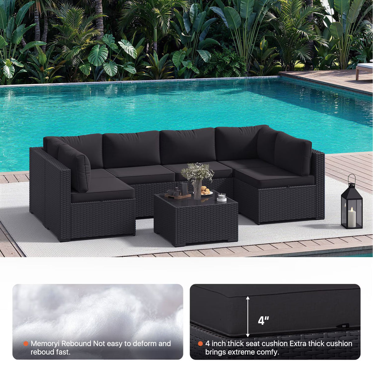 Dateyes 7-Piece Patio Furniture Set, All-Weather Wicker Rattan Outdoor Sectional Sofa Set with Coffee Table (Black)