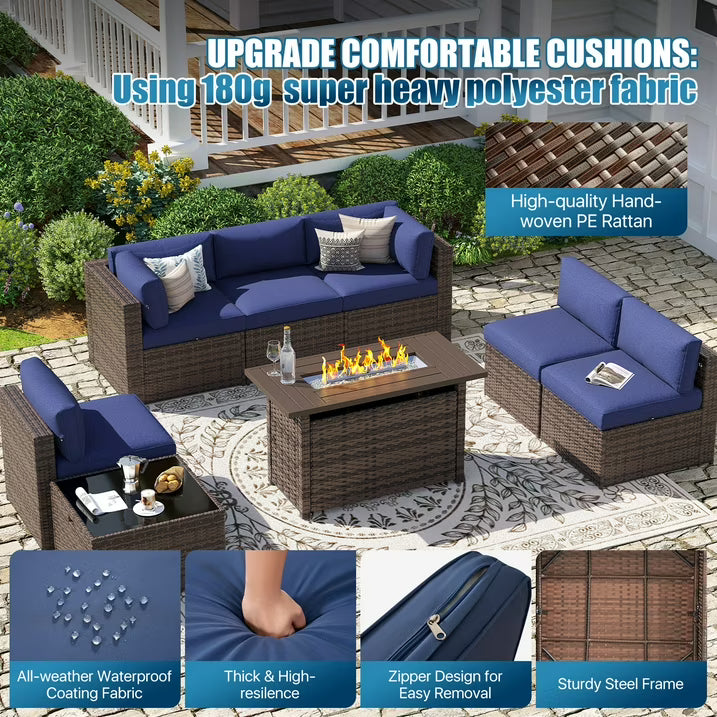 Sunmthink 8-Piece Outdoor Patio Furniture, Patio Furniture Sets with Fire Pit, Wicker Outdoor Conversation Set and Waterproof Cover