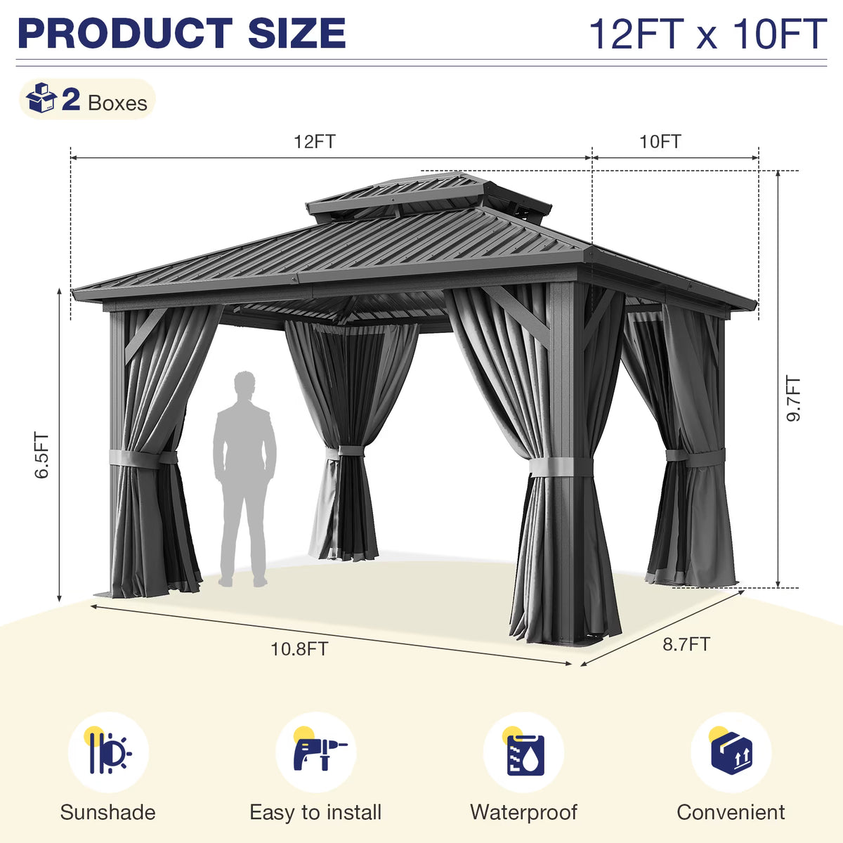 Dateyes 10x12 FT Outdoor Hardtop Gazebo, Aluminum Frame Gazebo with Removable Mesh Walls and Curtains for Patio, Lawns, Gray