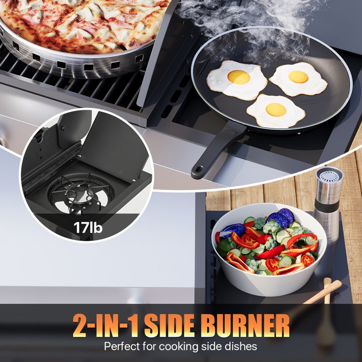 Clouddwell 4 Burner Gas Propane Grill, with 4 Casters, Side Table, and Thermometer, Patio Garden BBQ Grill Perfect for Camping, Silver