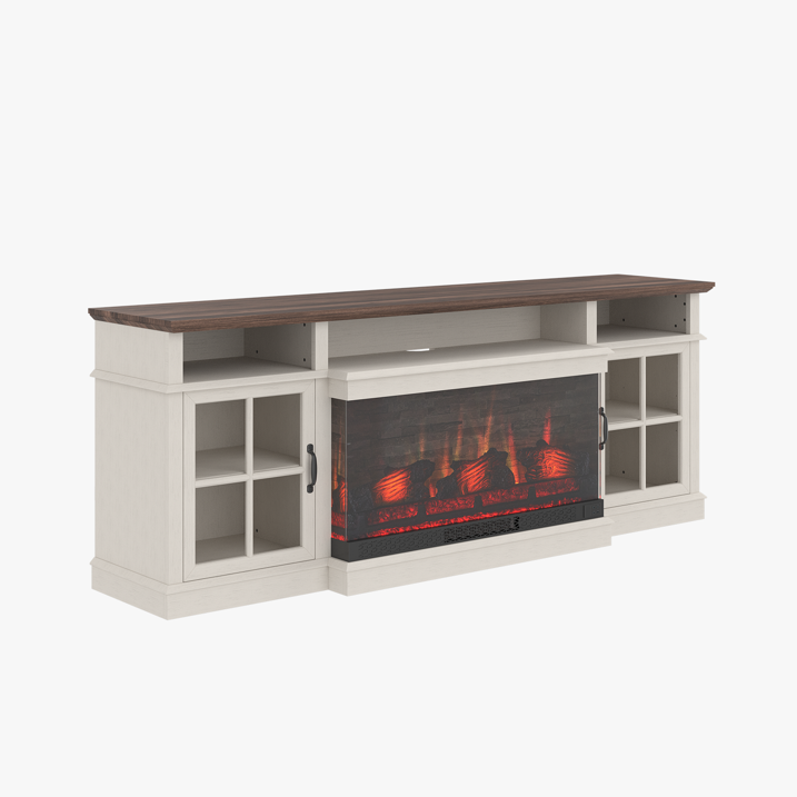 Sonegra 70 inch Fireplace TV Stand for TVs up to 80" with Electric Fireplace, Farmhouse Entertainment Center with LED Lights and Glass Door, Modern TV Consoles for Living Room, White