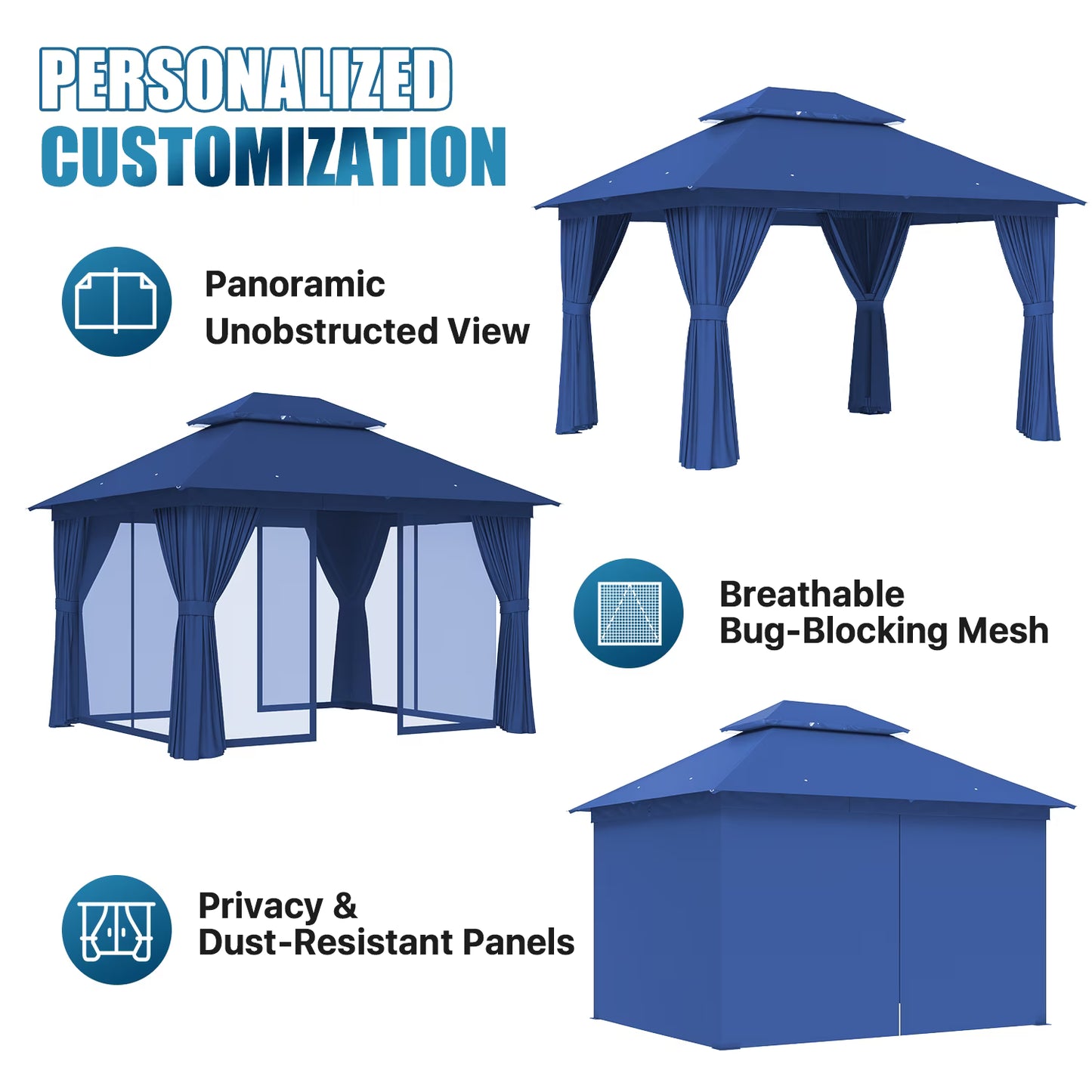 Sunmthink Outdoor Gazebo for Patio 10'x12', Metal Frame Canopy with Double Roofs, Heavy Duty Party Tent and Shelter with Mosquito Netting and Privacy Screen for Backyard,Garden,Deck (Blue)