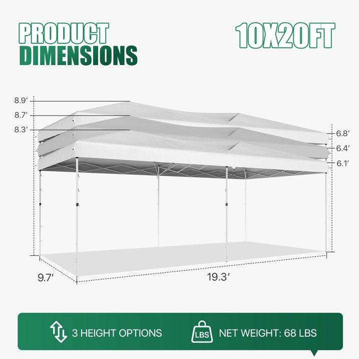 ClouDDwell Pop up Canopy, Party Tent, 10x20 ft. Portable Outdoor Event, Instant Shelter Canopy with 6 Removable Sidewalls and 1 Carry Bag, White