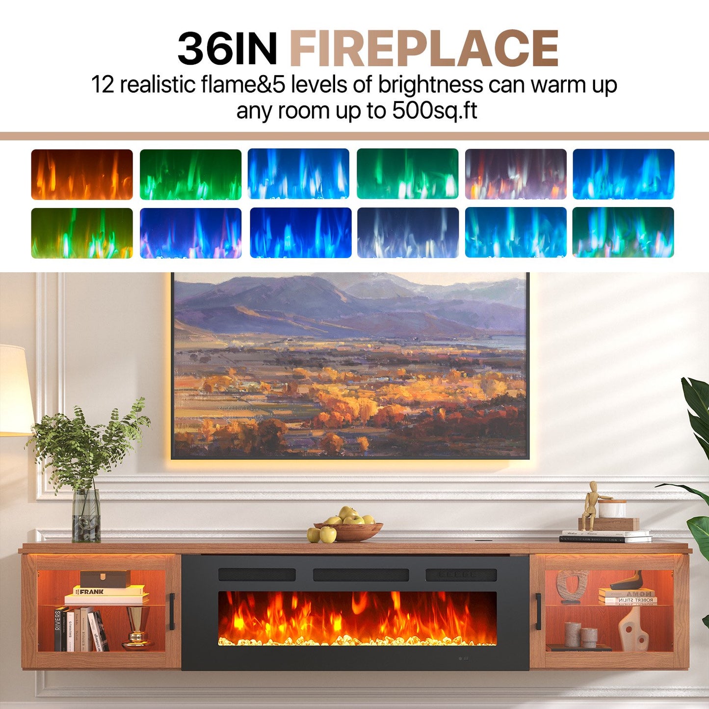 Sonegra 70" Floating TV Stand with 36" Electric Fireplace, High Gloss Finish Wall Mounted Fireplace Entertainment Center with Storage for TVs Up to 80", Brown