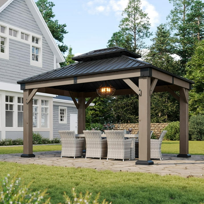 Aoxun 10' x 12' Outdoor Wood Gazebo, Hardtop Gazebo Permanent Wooden Pavilion with Galvanized Steel Double Roof, for Patio, Garden, Deck, Cedar Wood