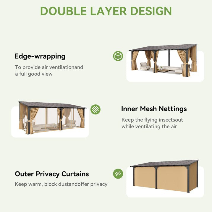 Dateyes 20‘x10’ Wall-Mounted Patio Gazebo with Durable Polycarbonate Roof, Full Bug Screens & Privacy Panels