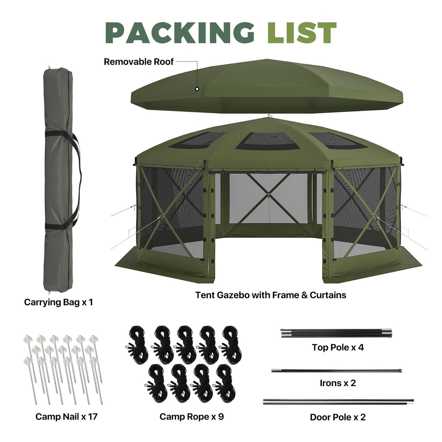 Clouddwell 15'x15' Outdoor Pop Up Gazebo, Screen Tent with Removable Top & Mosquito Netting, Camping Canopy Tent, Waterproof, UV Resistant, Portable Carry Bag, Green