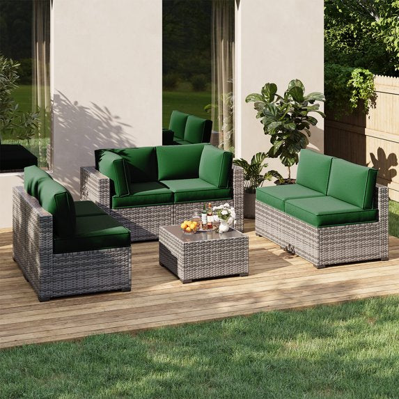 Clouddwell 14-Piece Premium Outdoor Cushion Set, High-Resilience Waterproof Cushions for 6-Seat Wicker Sectional, Comfort Upgrade (Black Green)