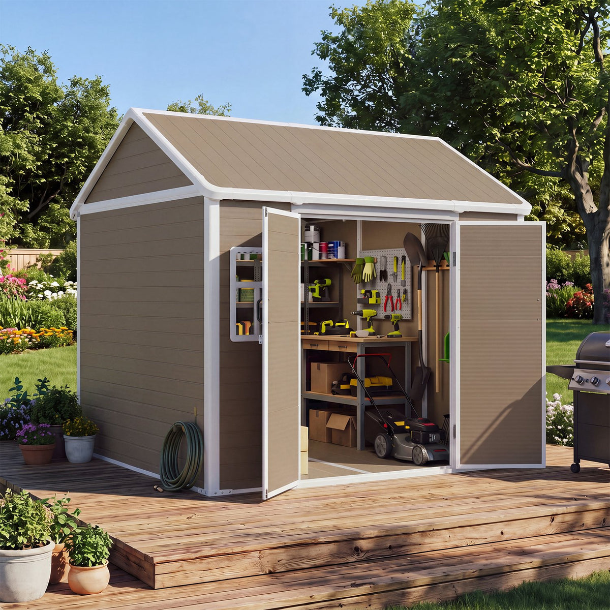 Dateyes 8 x 6 FT Resin Storage Shed, Outdoor Shed with Floor & Window, All-Weather Heavy Duty Plastic Shed for Backyard, Garden, Patio, Brown