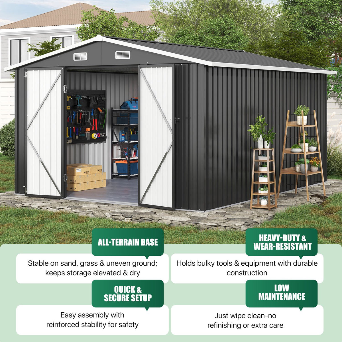 Clouddwell 10x12 FT Outdoor Metal Storage Shed with Floor (12mm PP Floor) & Double Doors for Patio, Backyard - Black
