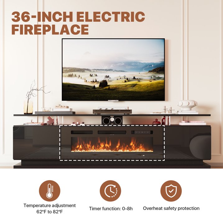 Sonegra Fireplace TV Stand with Electric Fireplace up to 80", Entertainment Center with Fireplace, LED 70" Modern TV Console with Storage for Livingroom, Black
