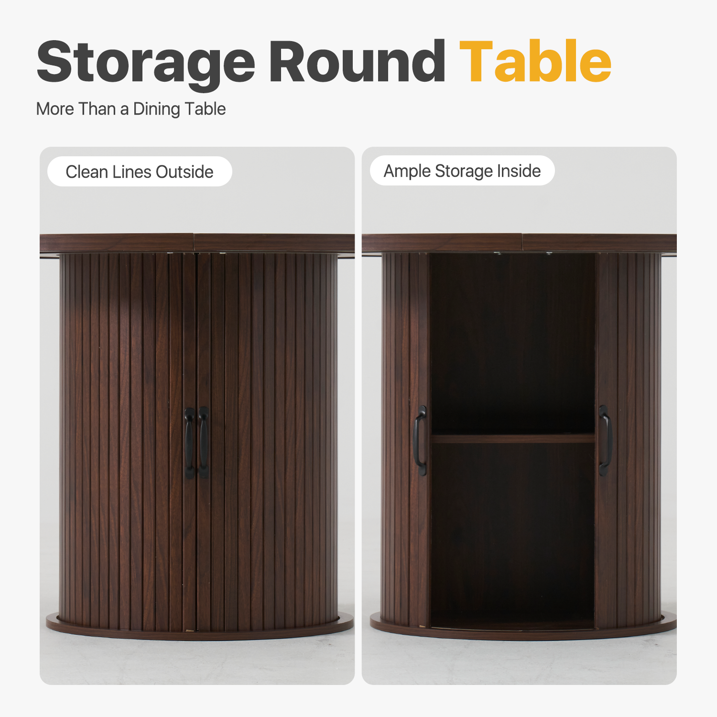Sonegra 47-inch Round Dining Table with Storage, Modern Fluted Circle Kitchen Table with 2-Layer Storage and Sliding Door, for Kitchen Living Room, Brown