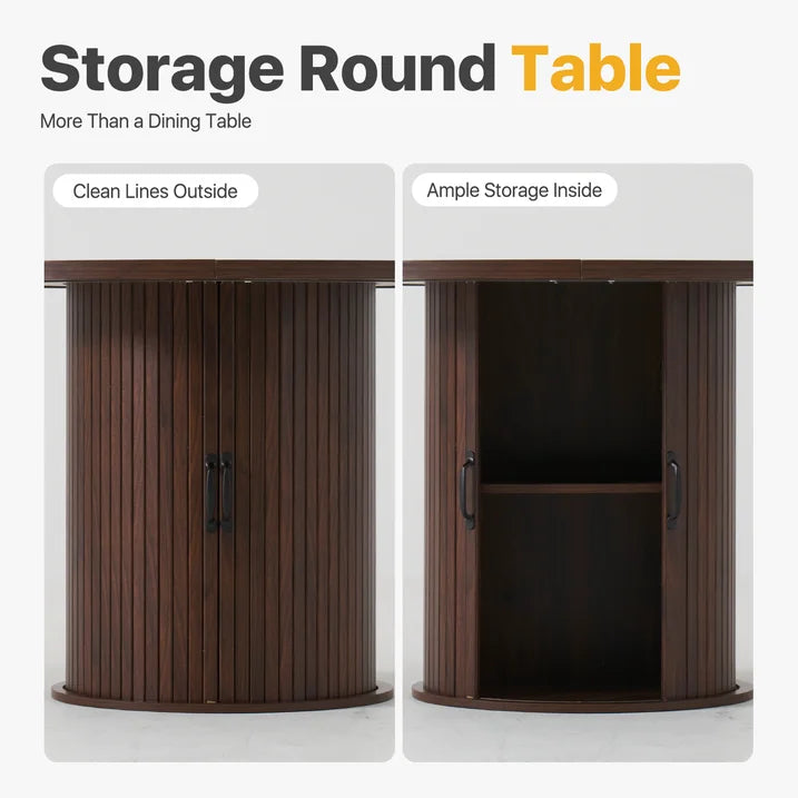 Sonegra 47" Round Dining Table with Storage, Modern Fluted Circle Kitchen Table with 2-Layer Storage and Sliding Door, for Kitchen Living Room, Brown