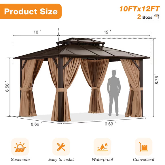 Dateyes 10'x12' Hardtop Gazebo - Polycarbonate Double Roof,Outdoor Permanent Pavilion with Curtains and Mosquito Netting for Patio, Backyard,Brown