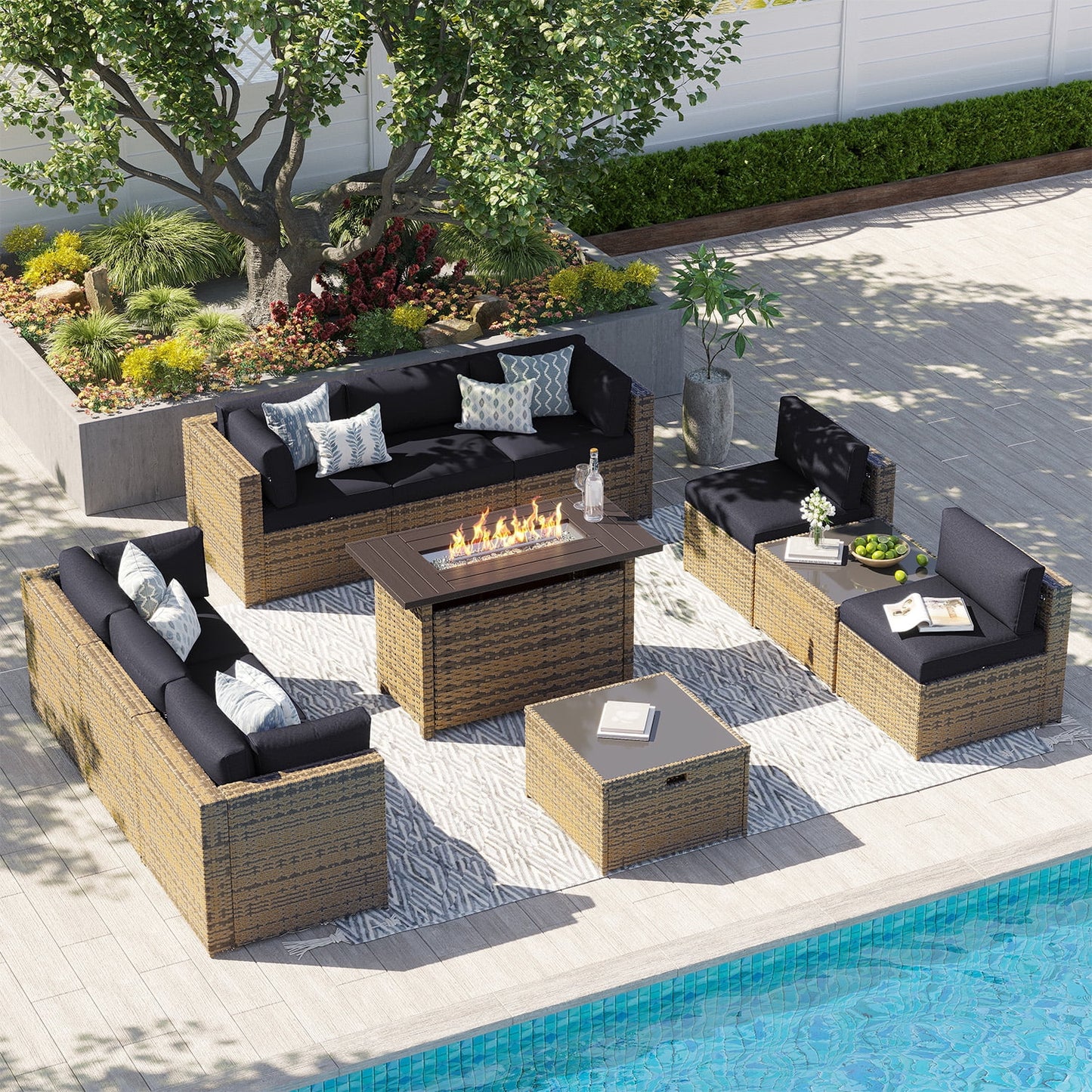 Clouddwell 11 Piece Patio Furniture Set with 44” Fire Pit Table Wicker Rattan Patio Conversation Set Outdoor Sectional Sofa Set with Coffee Table and Black Cushions(Waterproof Cover Included)