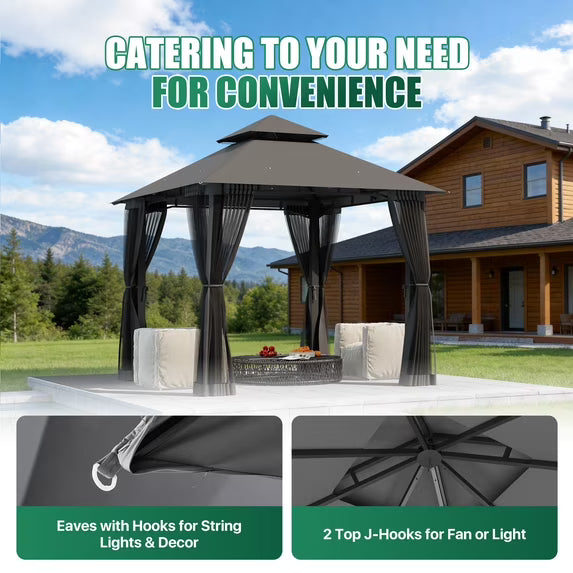 LazySunsets 8'x 8' Patio Gazebo Double Roof Protection All-Weather Outdoor Shelter Features Insect Screens for Backyard, Lawn, (Gray)