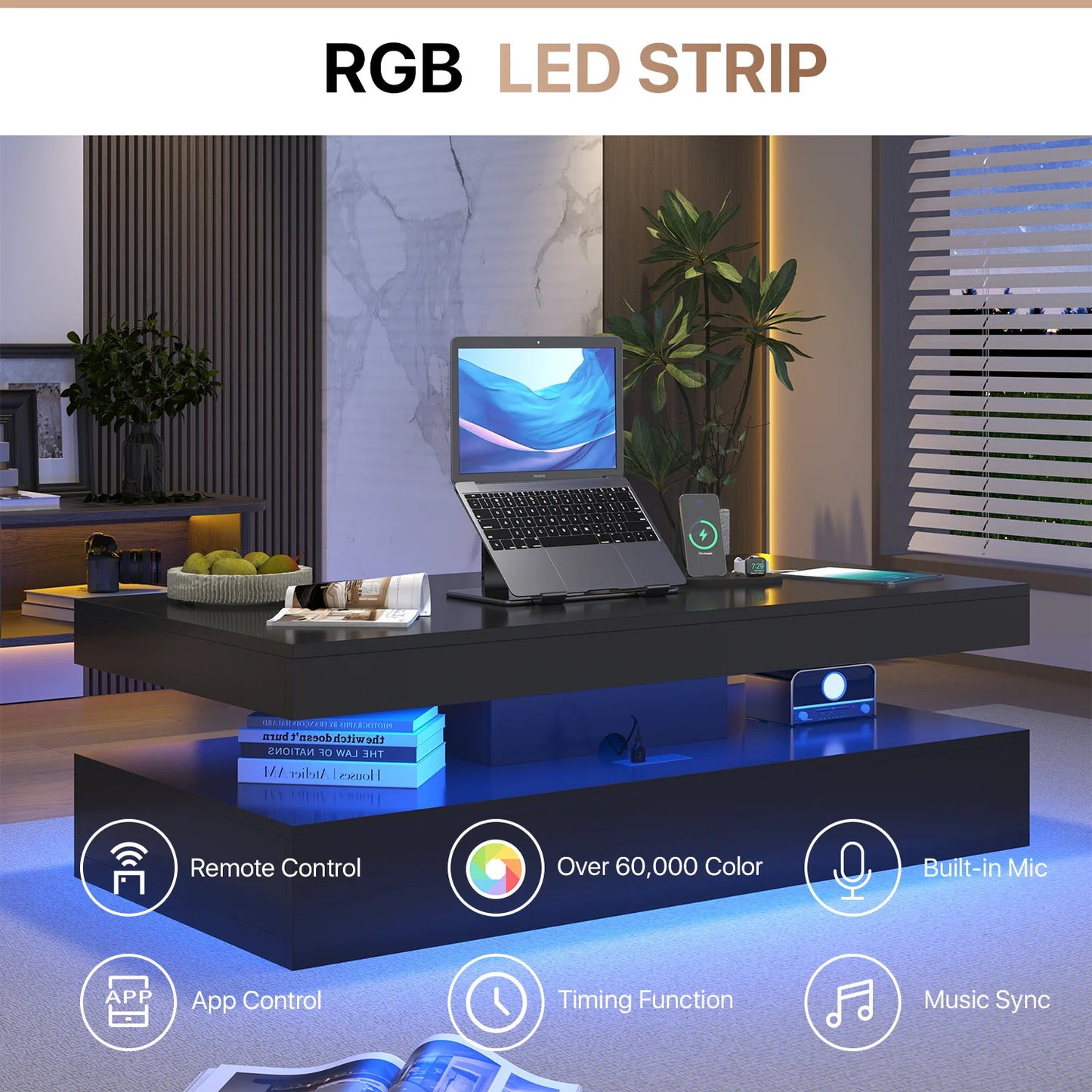 Sonegra 47" High-Glossy LED Coffee Table, Storage Coffee Table with 2 Sliding Drawers for Living Room, Modern Stylish Double-Layer Center Tables with LED Lights, Black