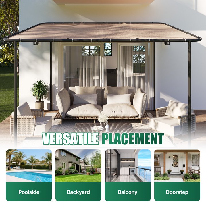 Clouddwell 10×12 FT Wall-Mounted Sloped Roof Outdoor Pergola Canopy, Water-Resistant & UV-Resistant Metal Patio Gazebo for Backyard Garden Porch in Khaki
