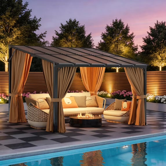 LazySunsets 10x12 FT Wall-Mounted Aluminum Gazebo Polycarbonate Roof with Full Mosquito Netting & Privacy Curtains