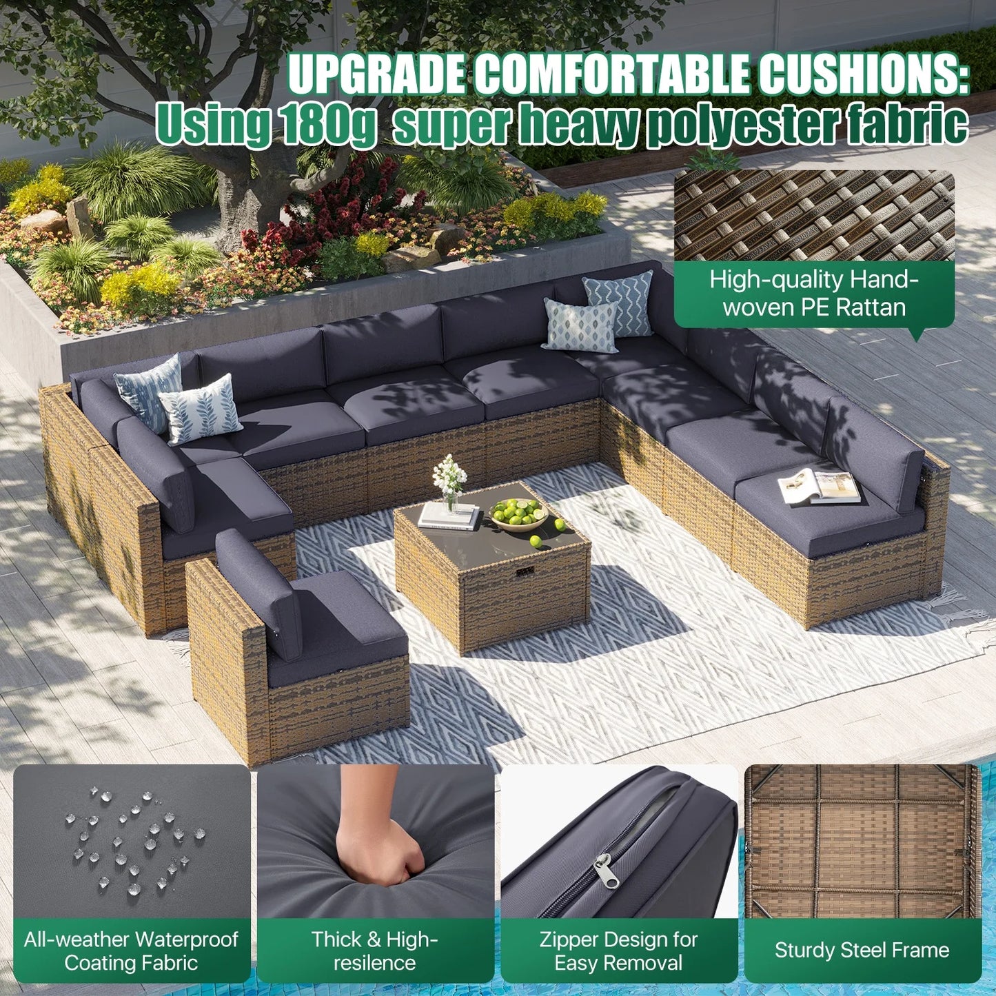 Clouddwell 11 Piece Patio Furniture Set Wicker Rattan Patio Conversation Set Outdoor Sectional Sofa Set with Coffee Table and Gray Cushions(Waterproof Cover Included)