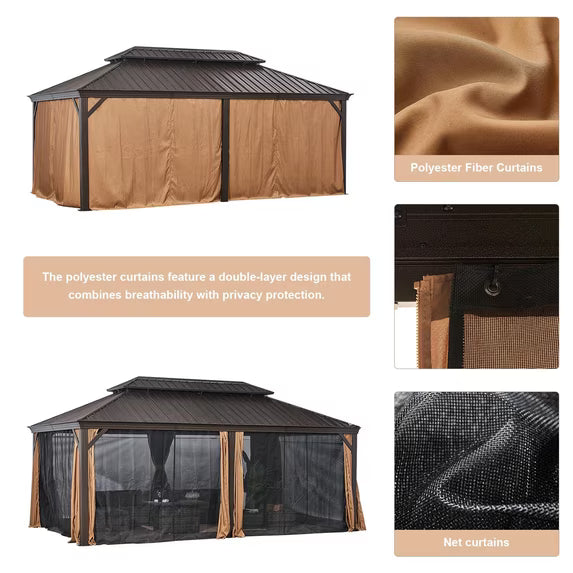 Aoxun 12'x20' Hardtop Gazebo, Outdoor Steel Double Roof Canopy, Aluminum Frame Permanent Pavilion with Curtains and Netting, Sunshade for Garden, Patio, Lawns