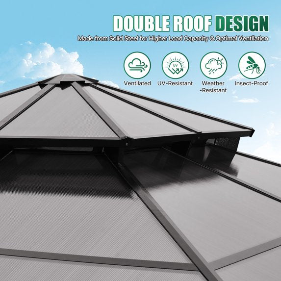Clouddwell 10'x10' Hardtop Gazebo - Polycarbonate Double Roof with Netting & Curtains for Patio, Garden Sun Protection,Brown