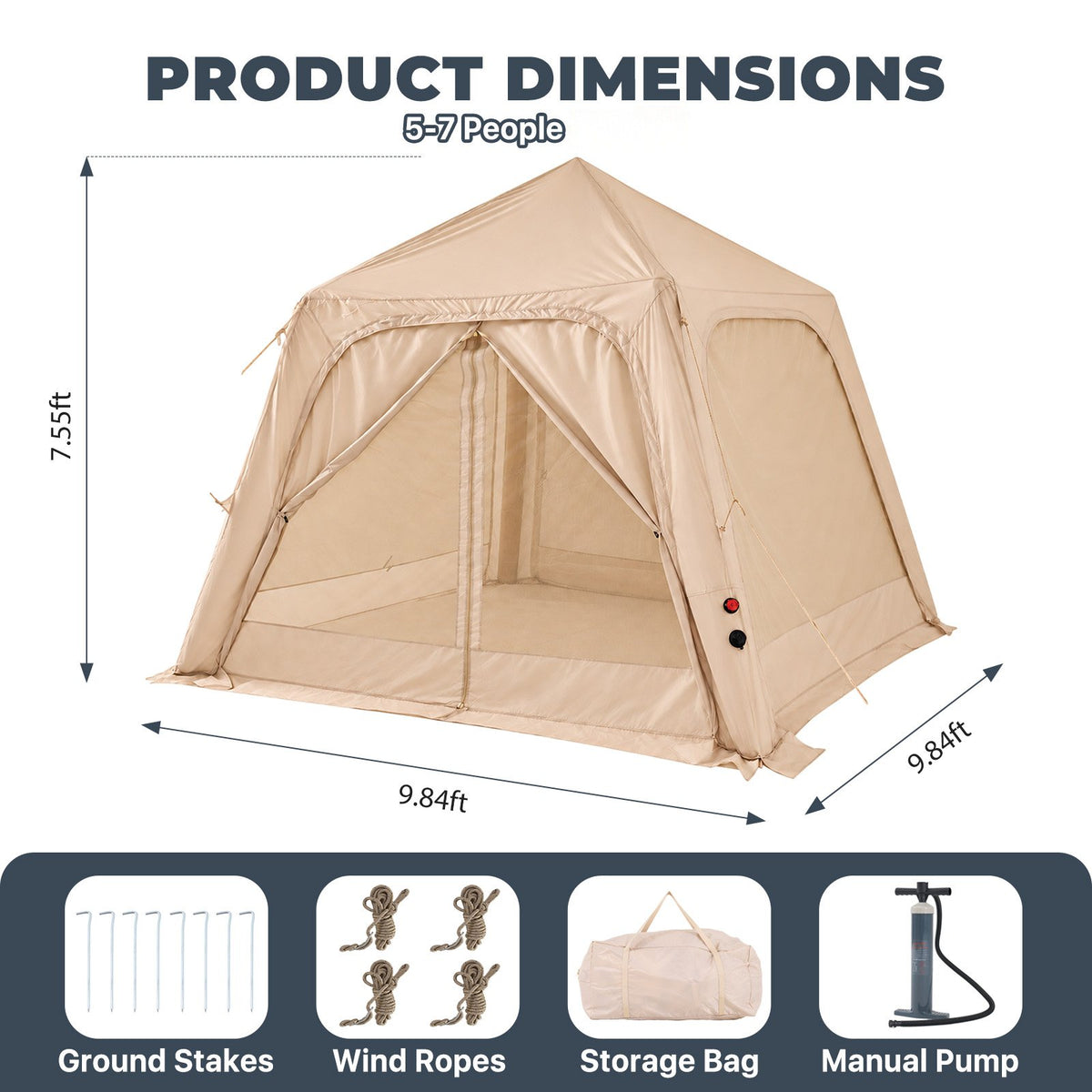 Dateyes Inflatable Camping Tent for 5-7 Person, Quick Blow-up Family Tent, Lightweight Portable Outdoor Shelter for Camping, Beach and Festivals, Beige