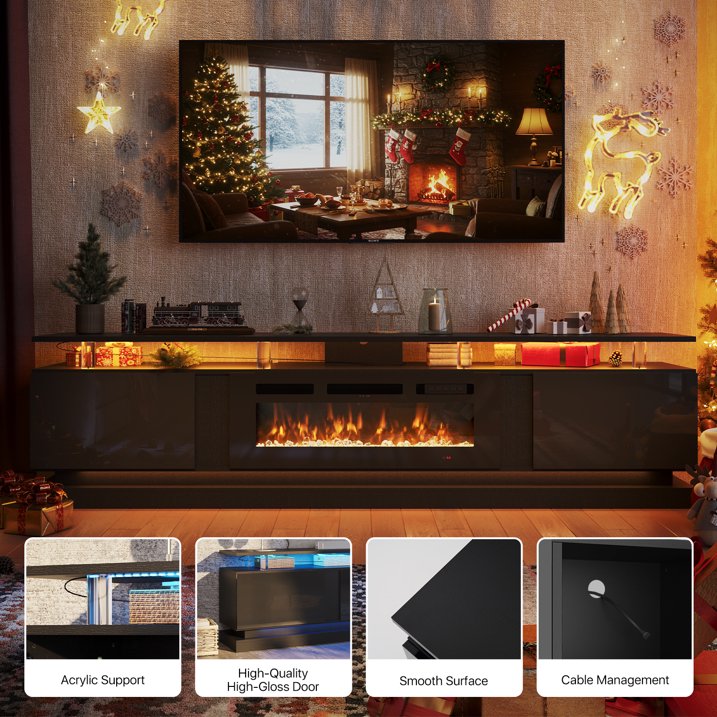 Sonegra Modern Fireplace TV Stand for TVs Up to 90" with Music Sync LED, 80" Entertainment Center with Electric Fireplace, TV Console with Storage Cabinets for Living Room, Black