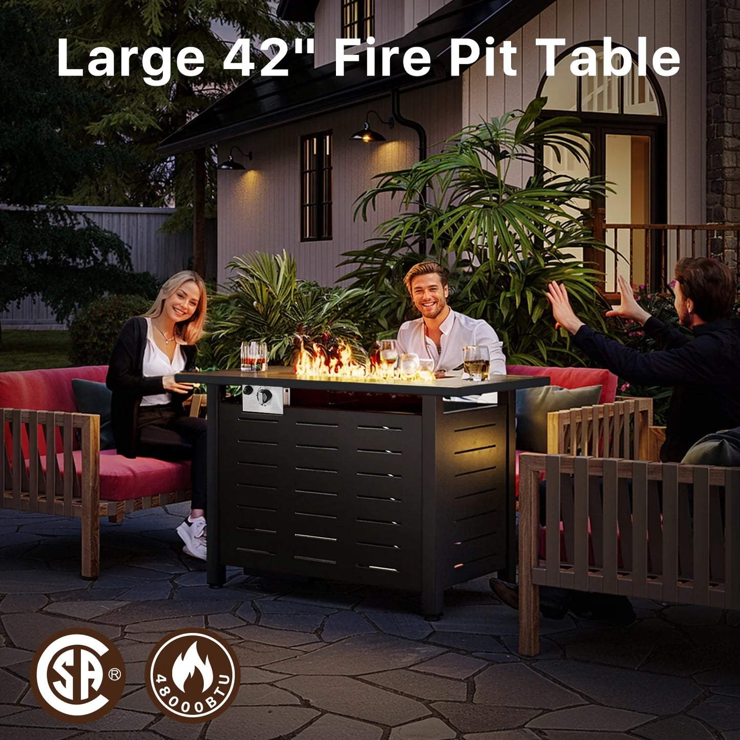 Sunmthink 42" Propane Fire Pit Table, 50,000 BTU Auto Ignition Steel Gas Fire Pit with Removable Lid & Waterproof Cover for Patio, Backyard, Black