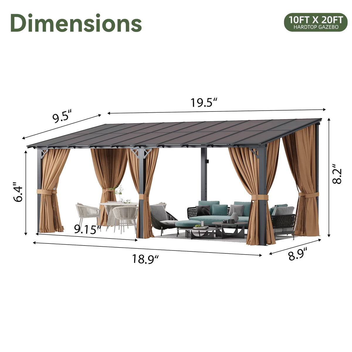 Aoxun 10'x20' Lean to Gazebo with Mosquito Net and Curtains, Aluminum Frame, Polycarbonate Panel, Wall Mounted Pergola with Sloped Roof for Backyard, Porch, Deck