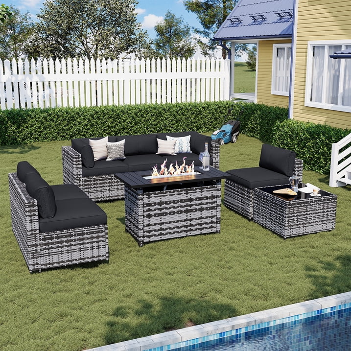 Sunmthink 8-Piece Outdoor Patio Furniture, Patio Furniture Sets with Fire Pit, Wicker Outdoor Conversation Set and Waterproof Cover