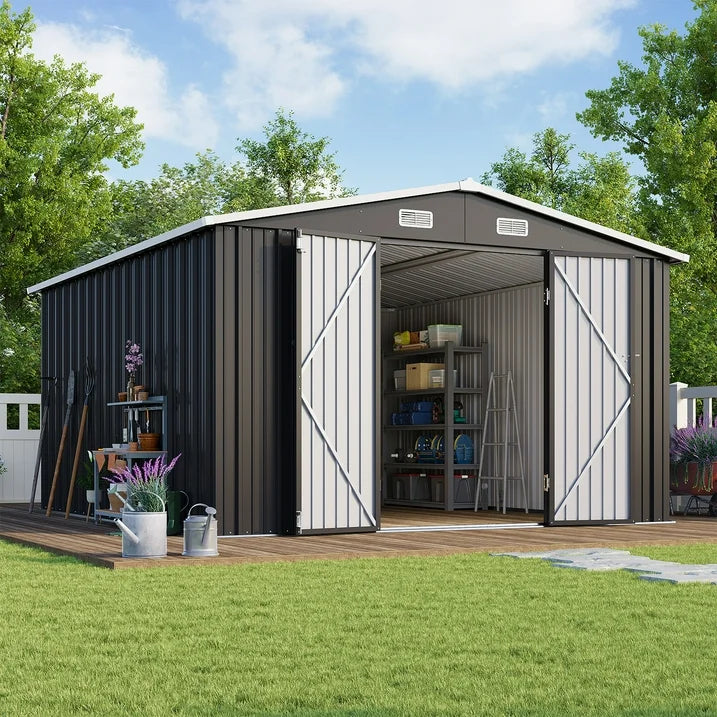Clouddwell 10 x 12FT Shed Outdoor Storage Shed with Double Hinged Large Door, Large Metal Shed with Lockable Door & Sloped Roof for Garden, Backyard, Patio and Backyard, Black