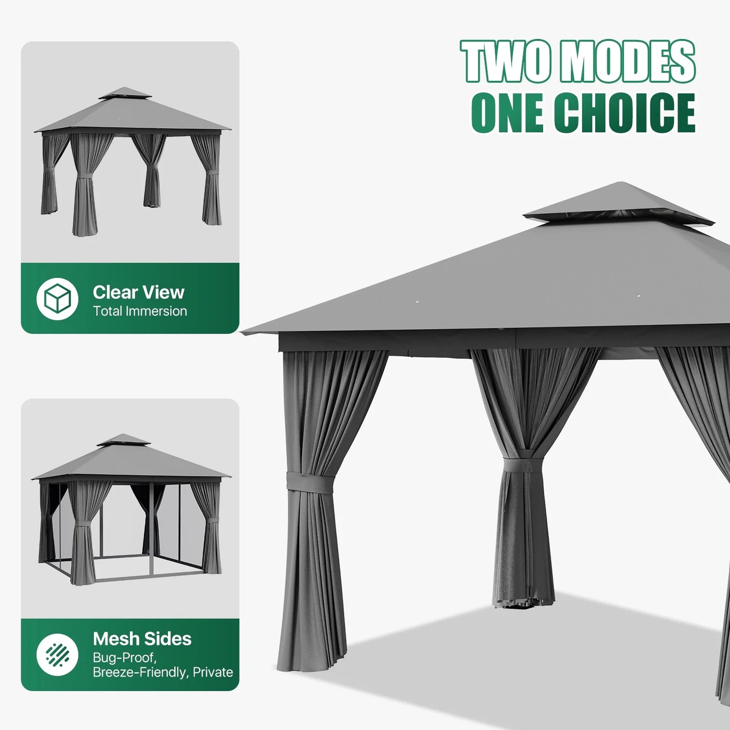 Clouddwell 10'x 10' Patio Gazebo Double Roof Protection All-Weather Outdoor Shelter Features Insect Screens & Privacy Curtains Ideal for Backyard, Lawn, (Gray)
