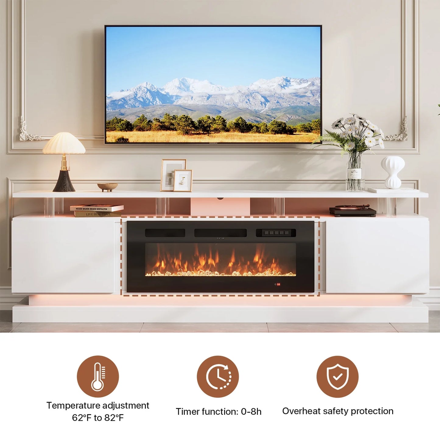 Sonegra Fireplace TV Stand with Electric Fireplace up to 90", Entertainment Center with Fireplace, LED 80" Modern TV Console with Storage for Livingroom, White