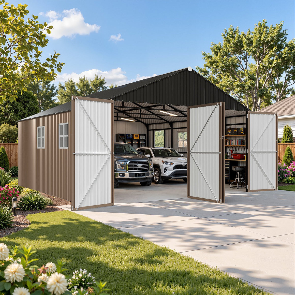 LazySunsets 20 x 20 FT Outdoor Storage Shed, Large Metal Garage Carport Shed, Heavy Duty Car Port with Double Front Doors & Side Door, Brown