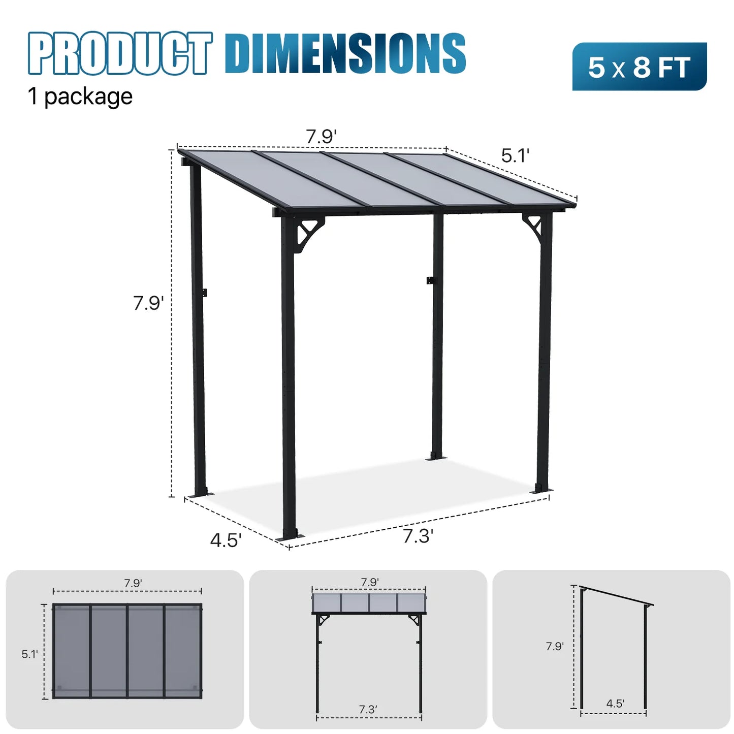 Sunmthink Outdoor Hardtop Gazebo for Patio 8' x 5', Wall-Mounted Lean to Gazebo Pergola with Roof