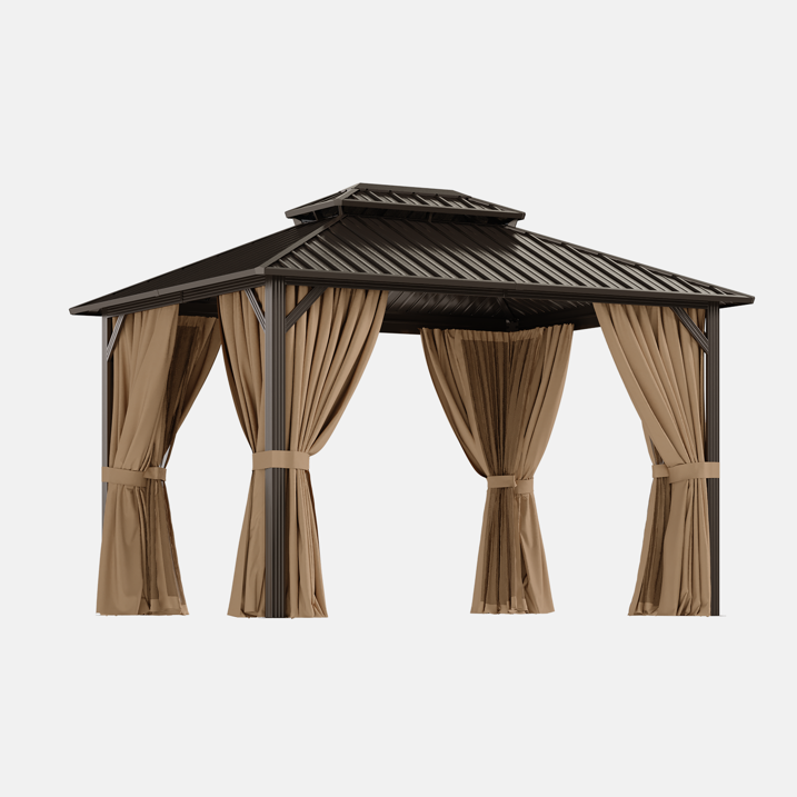 Dateyes 12x10 FT Outdoor Hardtop Gazebo, Aluminum Frame Gazebo with Removable Mesh Walls and Curtains for Patio, Lawns, Brown