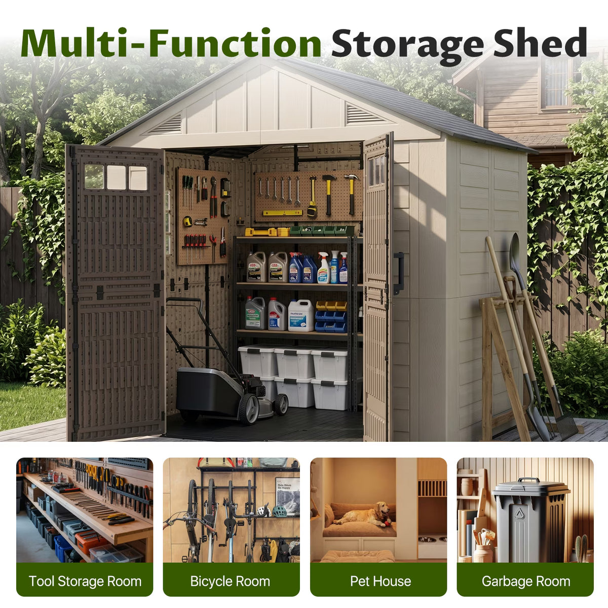 Dateyes 6'x8' Heavy Duty Resin Outdoor Storage Shed with Floor, All-Weather Resin Tool Shed with Window & Lockable Double Doors, Easy Assembly for Garden, Patio, Backyard
