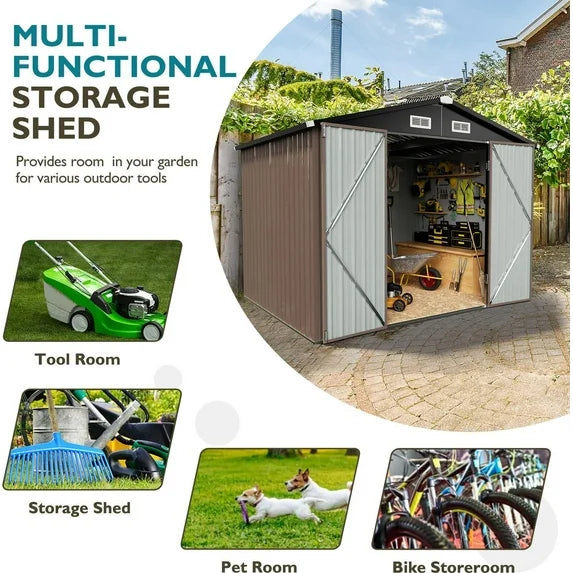 Sunmthink Lockable Metal Garden Storage Shed, 77.17" x 101.57" x 67.72", Brown