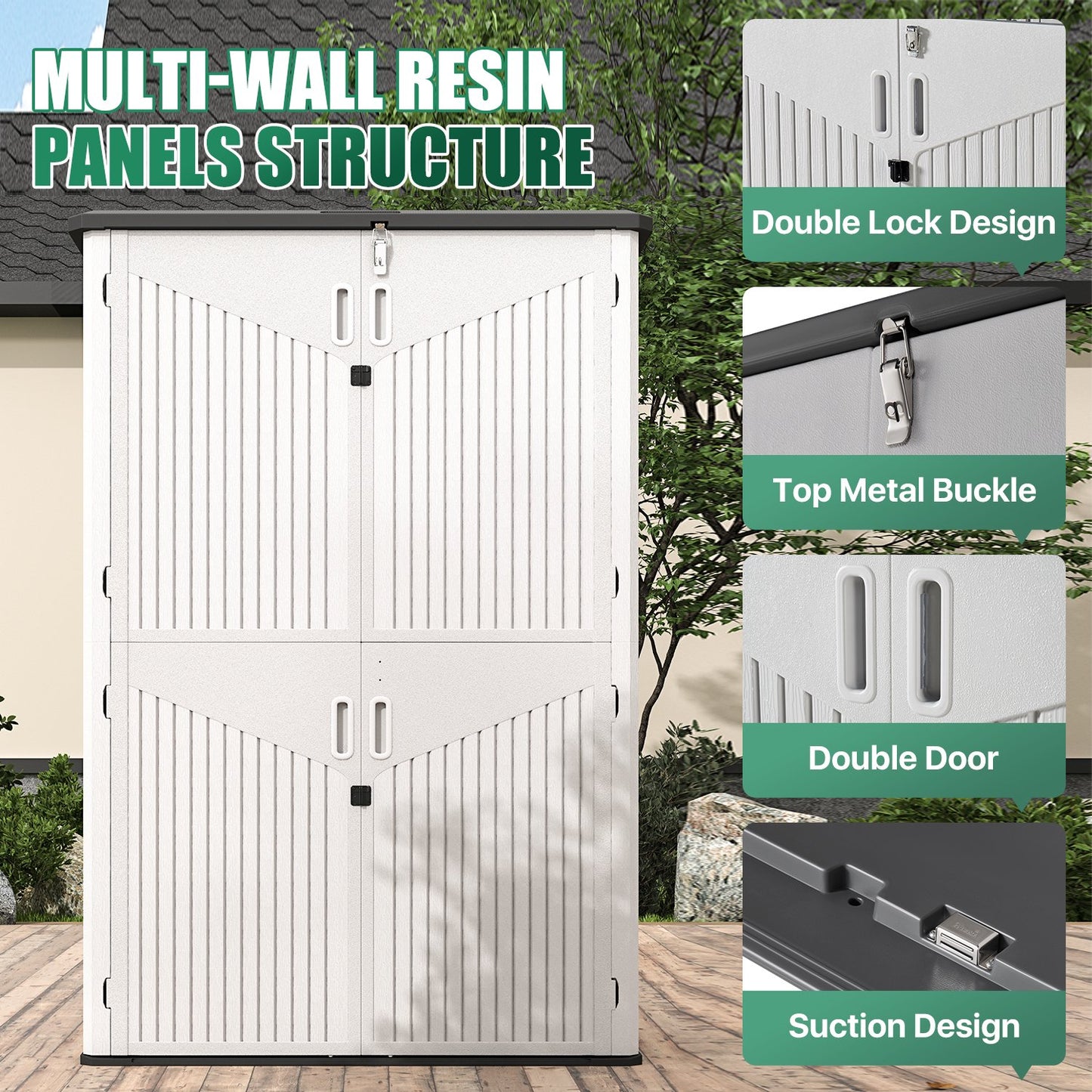 Clouddwell Outdoor Storage Shed, 64 Cu.Ft Vertical Storage Sheds with Shelf, Waterproof Resin Cabinet for Garage Storage, Pool Storage, Bike Shed, Garden Shed, Outdoor Storage(White)