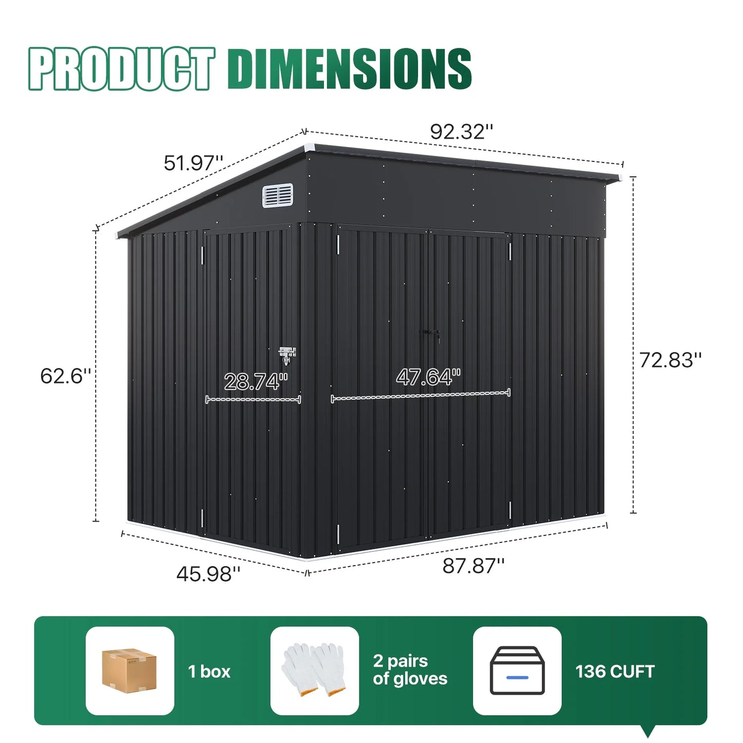 Clouddwell 8ft x 4ft Heavy-Duty Metal Storage Shed with 3 Doors, Lockable Lean-To Design, Weatherproof for Garden & Tools (Black)