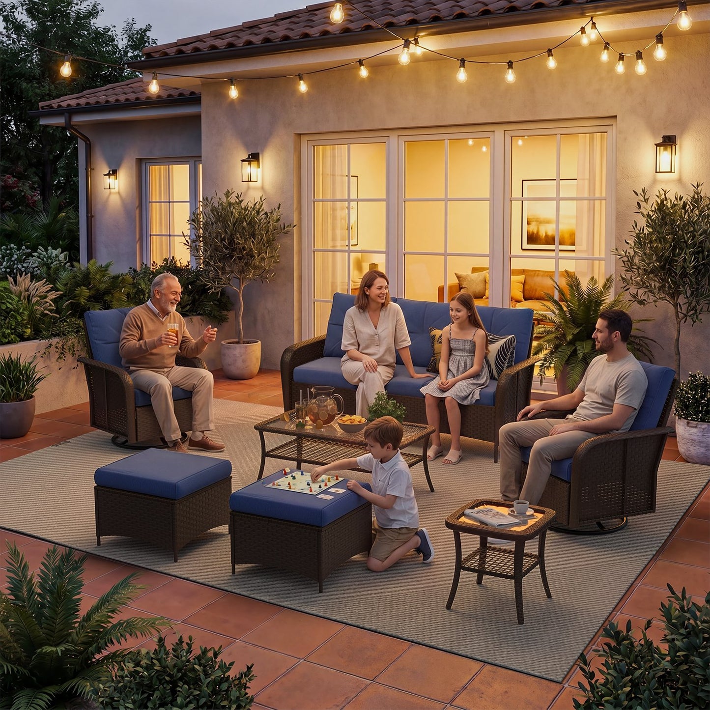 Sunmthink 7-Piece Patio Furniture Set, High Back Swivel Rocker Chairs with Thick Cushions, Wicker Rattan Outdoor Sectional Sofa with Coffee Table & Ottoman, Blue