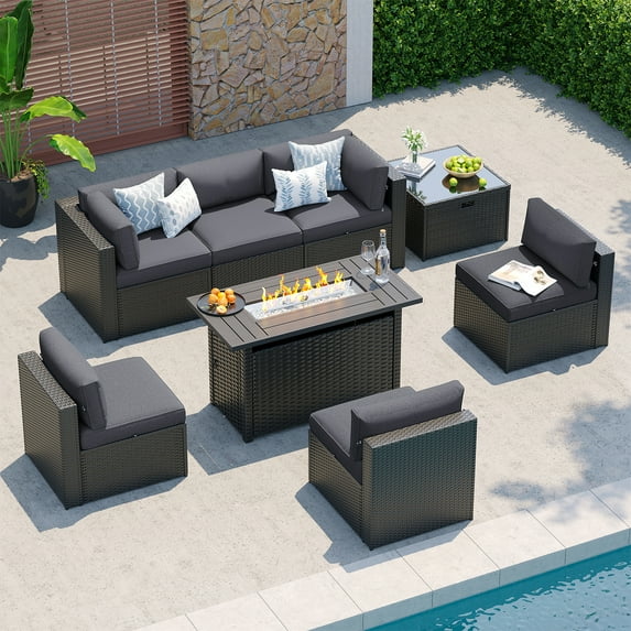 Clouddwell 8-Piece Patio Furniture Set With Fire Table On Sale, Black Rattan Wicker Outdoor Sectional Sofa Couch with Table Patio Conversation Set for Lawn& Backyard,Gray