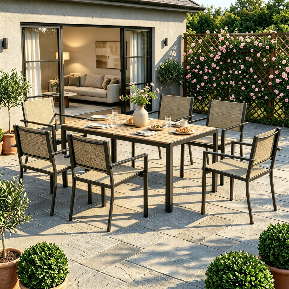 LazySunsets 7-Piece Patio Table and Textilene Chairs Set for 6, Patio Dining Sets With Metal Table, Warm Gray