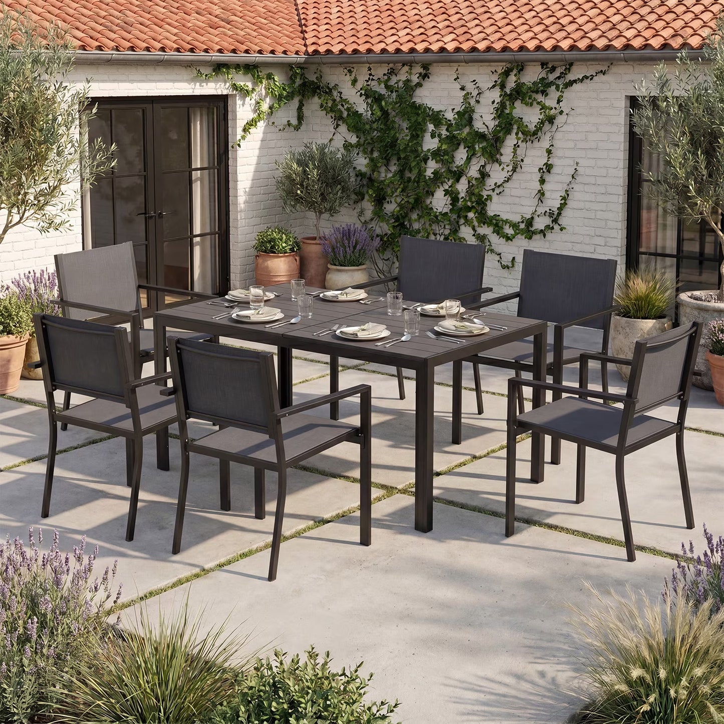Clouddwell 7 Piece Outdoor Patio Dining Set, Expandable Metal Table & 6 Textilene Armchairs, Weather Resistant Outdoor Furniture for Backyard Garden, Dark Gray