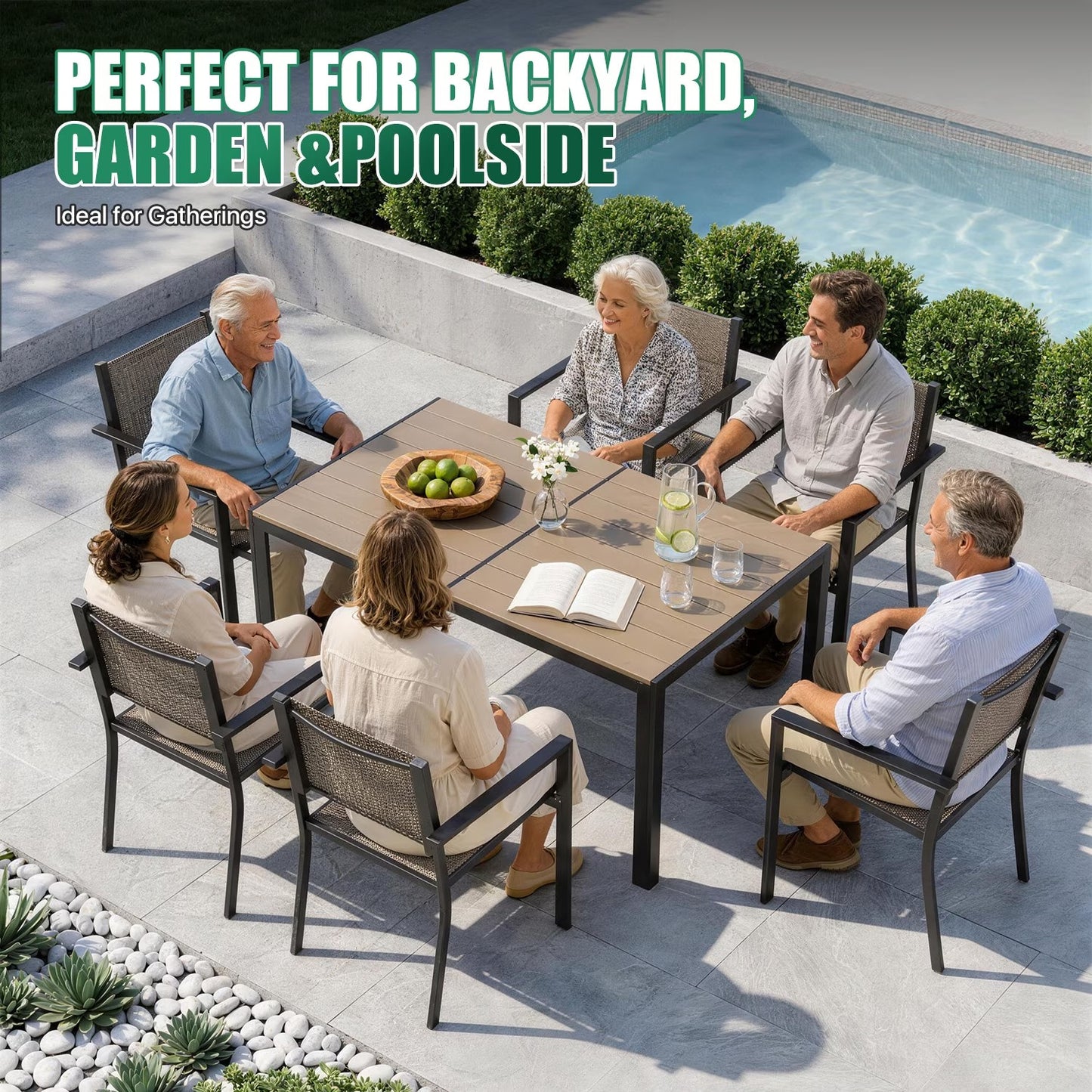 Clouddwell 7 Piece Outdoor Patio Dining Set, Expandable Metal Table & 6 Textilene Armchairs, Weather Resistant Outdoor Furniture for Backyard Garden, Warm Gray